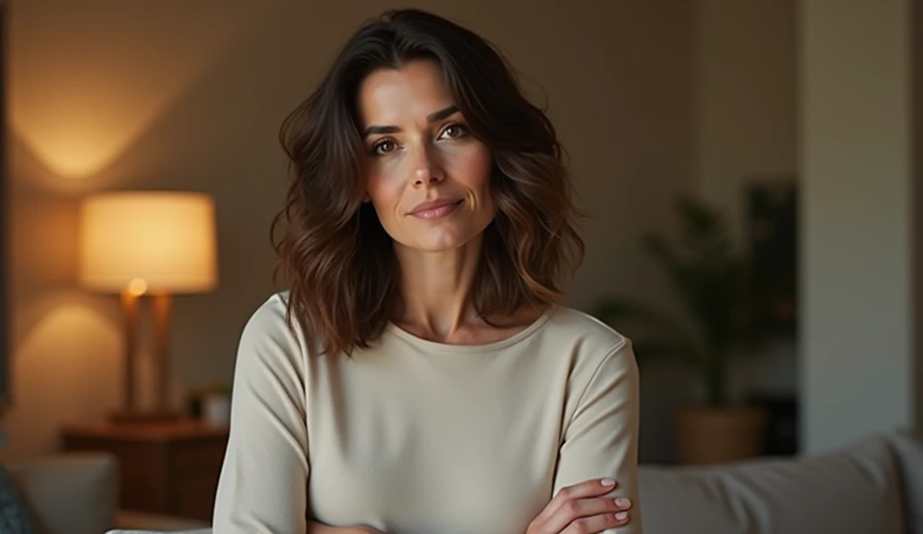 “a 40-year-old woman, wavy, shoulder-length dark brown hair, fair skin, deep brown eyes, is dressed casually and comfortably. She is wearing a light-colored long-sleeved shirt, possibly white or beige, and dark pants.'' She is in a cozy living room, holdiA warm color palette overall scene has a cinematic quality, 'CINEMATIC, 16K, HD,HDR, wide angle, hyper-realistic, detailed, best quality, warm light''