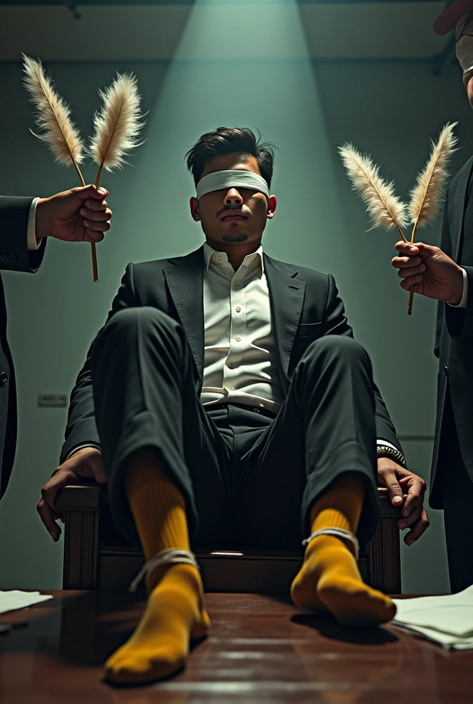 Malaysia malay handsome 23 years lawyer
His hand tied up in warehouse
Blindfolded
Hand handcuff
Formal Outfit
feet on desk
feather duster
shoes on desk
5 toes each feet
Yellow sock
2 man holding feather duster tickle his feet