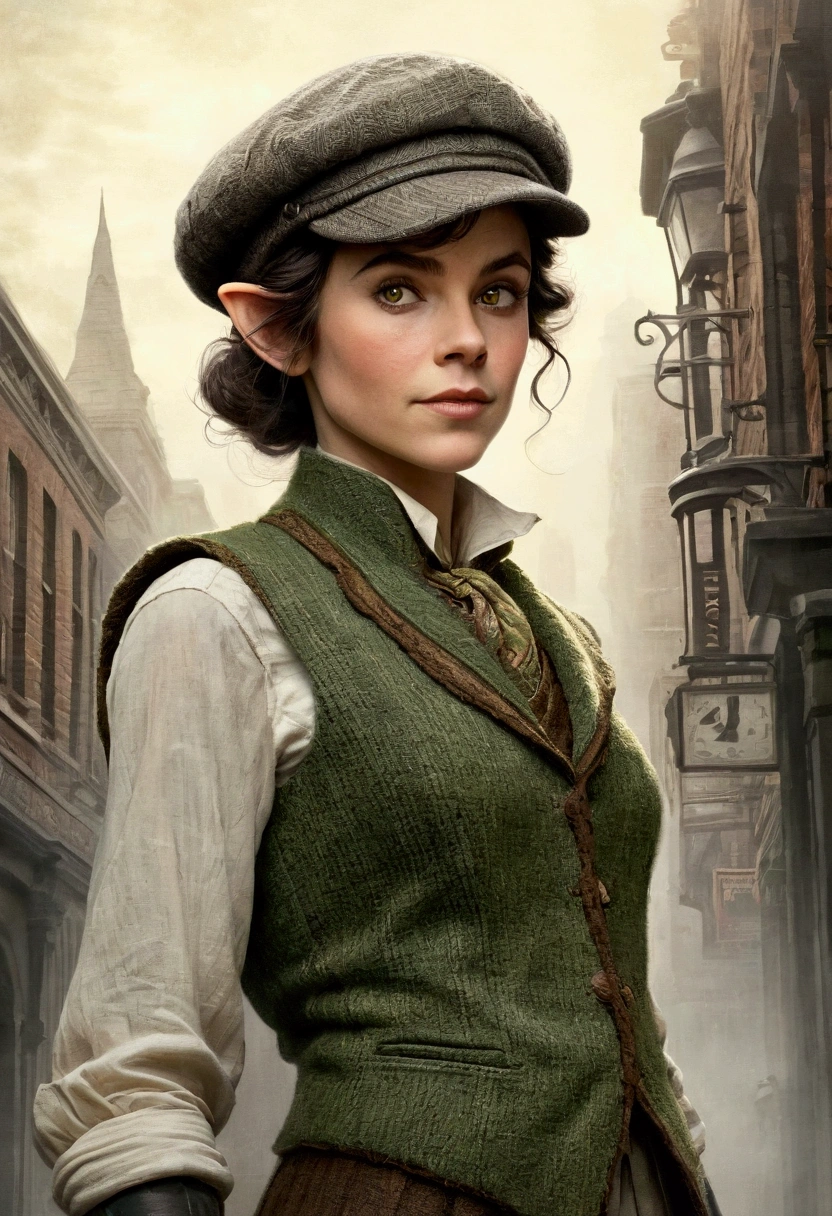 An illustrated movie poster, hand-drawn, full color, an elven maiden, wearing a tweed vest and a newsie cap, tall, toned, amazonian stature, athletic hourglass figure, long pointy elf ears, peridot eyes, dark hair, shaggy bob cut, deep sun-tanned skintone, freckles, standing on a foggy Victorian-era street corner, graphite shading, stencil marks, airbrushed acrylic paint, masterpiece, in the style of Sherlock Holmes, elf ears