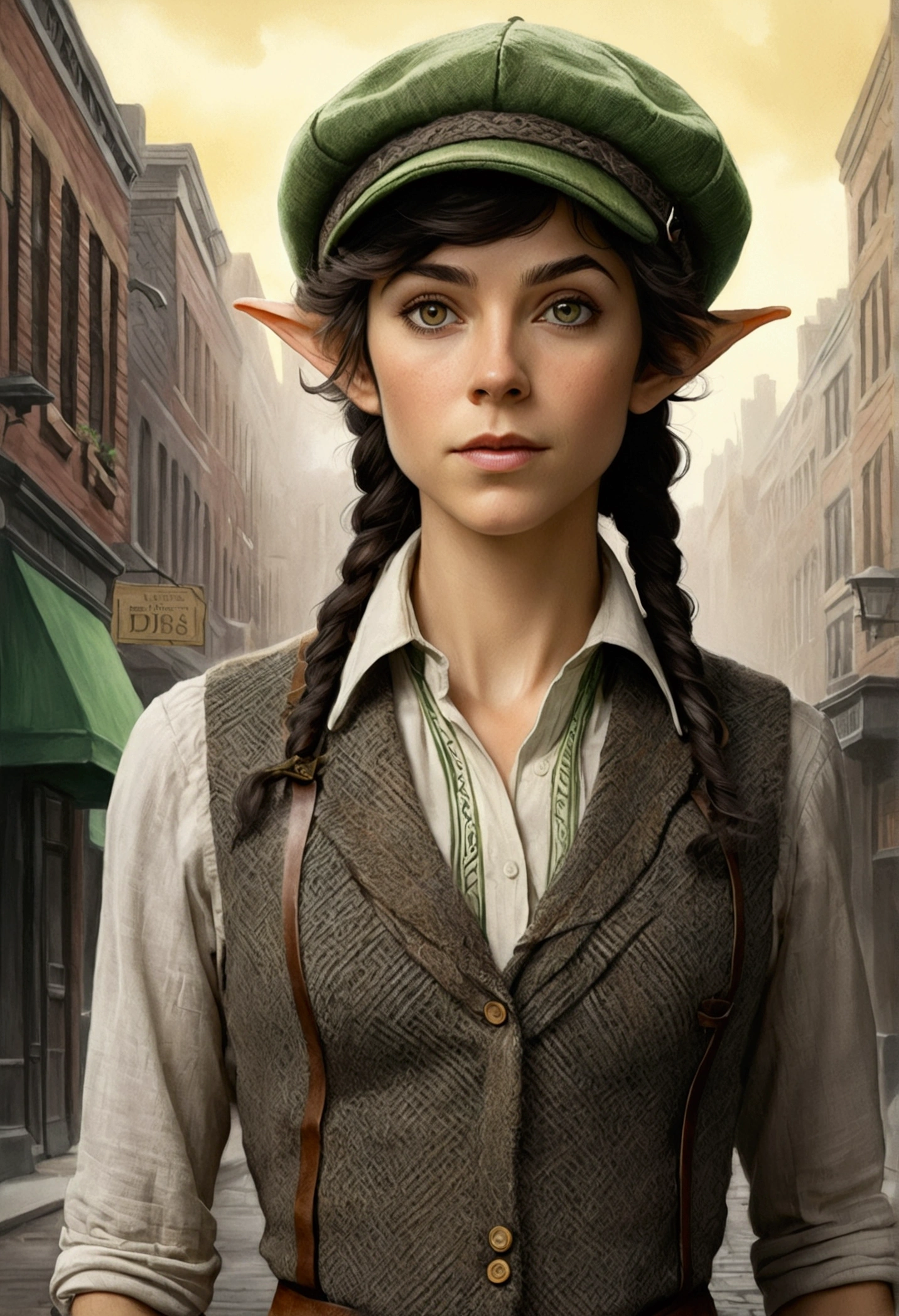 An illustrated movie poster, hand-drawn, full color, an elven maiden, wearing a tweed vest and a newsie cap, tall, toned, amazonian stature, athletic hourglass figure, long pointy elf ears, peridot eyes, dark hair, shaggy bob cut, deep sun-tanned skintone, freckles, standing on a foggy Victorian-era street corner, graphite shading, stencil marks, airbrushed acrylic paint, masterpiece, in the style of Sherlock Holmes, elf ears