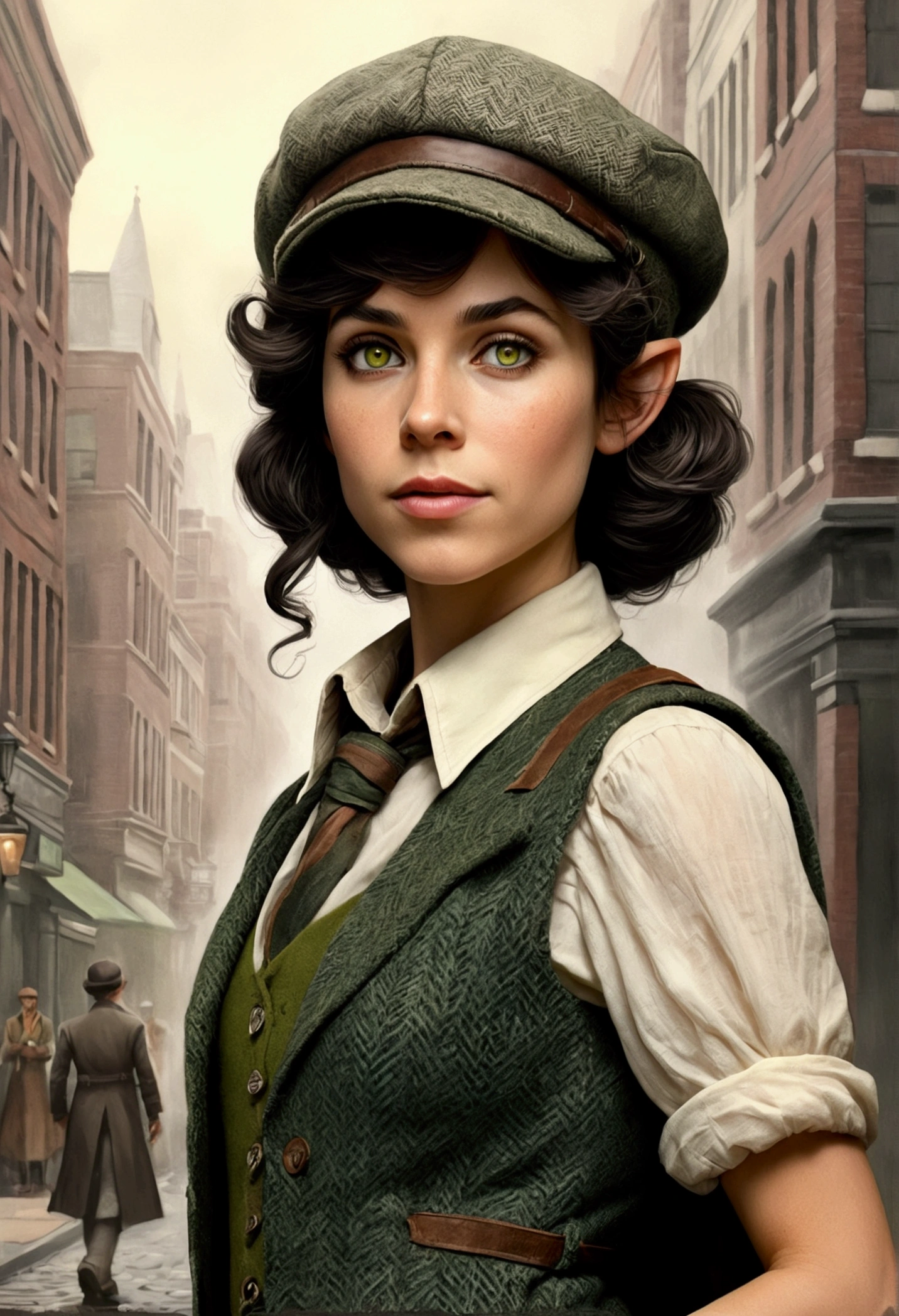 An illustrated movie poster, hand-drawn, full color, an elven maiden, wearing a tweed vest and a newsie cap, tall, toned, amazonian stature, athletic hourglass figure, long pointy elf ears, peridot eyes, dark hair, shaggy bob cut, deep sun-tanned skintone, freckles, standing on a foggy Victorian-era street corner, graphite shading, stencil marks, airbrushed acrylic paint, masterpiece, in the style of Sherlock Holmes, elf ears