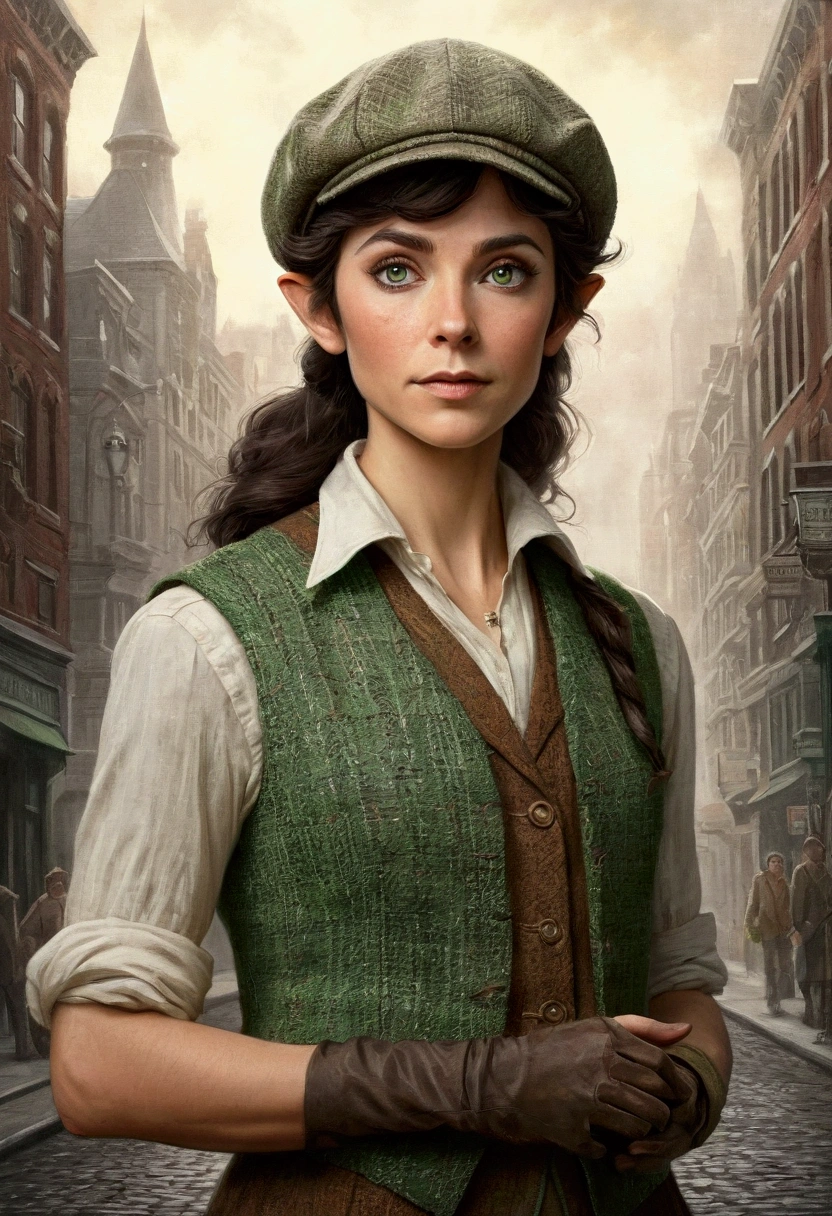 An illustrated movie poster, hand-drawn, full color, an elven maiden, wearing a tweed vest and a newsie cap, tall, toned, amazonian stature, athletic hourglass figure, long pointy elf ears, peridot eyes, dark hair, shaggy bob cut, deep sun-tanned skintone, freckles, standing on a foggy Victorian-era street corner, graphite shading, stencil marks, airbrushed acrylic paint, masterpiece, in the style of Sherlock Holmes, elf ears