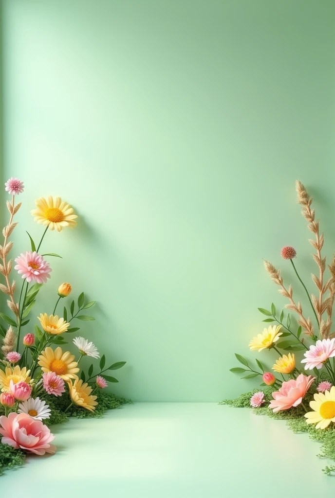 I want to create a photo scenario.  Closed location with photo backdrop for a children&#39;s clothing campaign. light green wall, very soft baby color with a small fake garden. Flowers on the wall and 3D on the floor. Tudo em tons candy color, yellowish, lilac, green and pink. The floor matching the wall color. Nice scenery with a garden where children could walk Fake flowers Much lighter and more subtle colors
