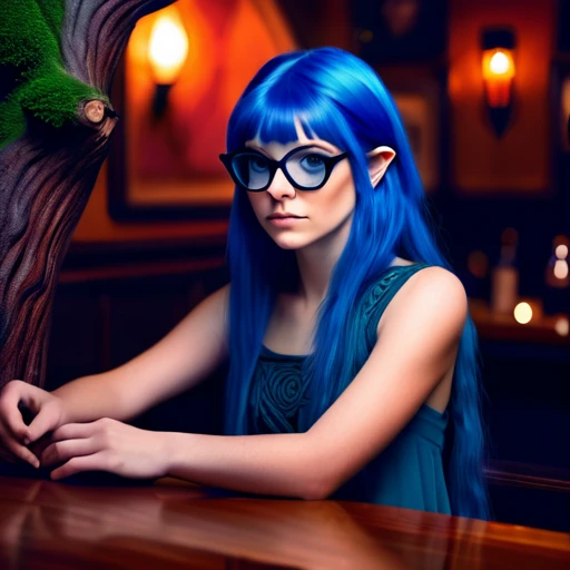 psychedelic work of art,absurd resolution,8k,1 halfling mysterious girl,hair blue,freckles,Celtic clothing,glad,beautiful hands,at the bar,violin, tree, adventurous, exploring with cute capybara
dark glasses