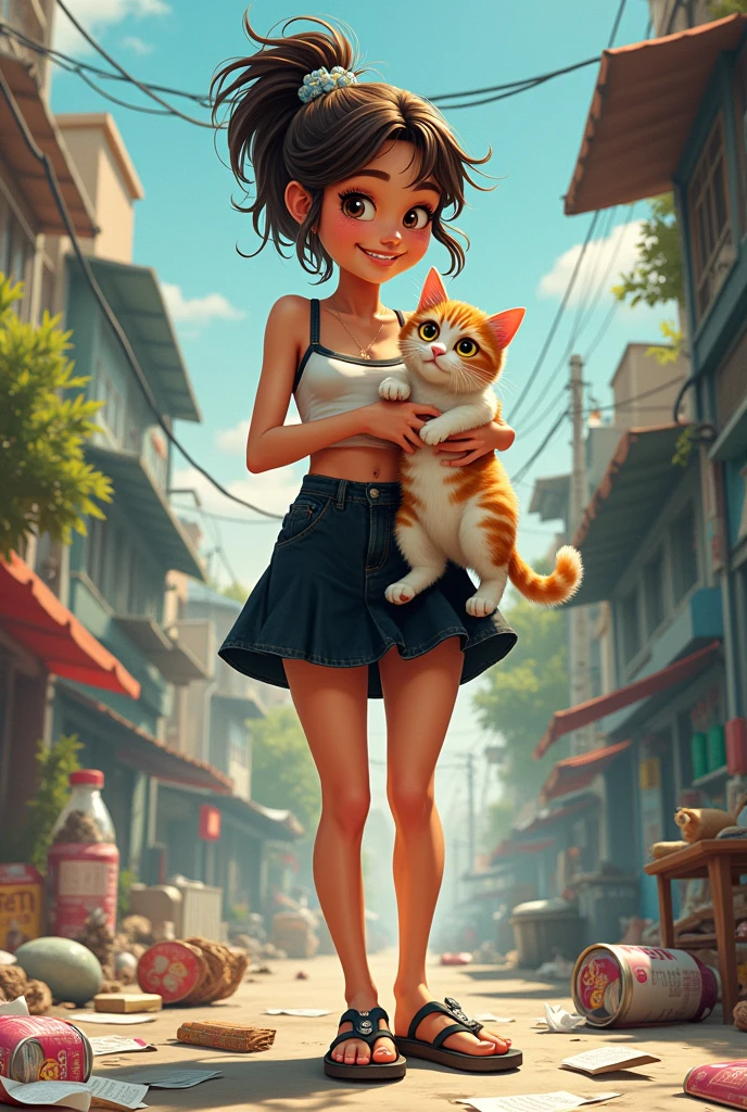 One with a cat in her hand, with a cropped top with straps, a black skirt and a Brazilian flip-flop stepping on shit all over it 