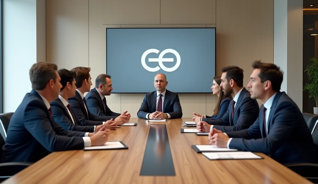 Show a table full of CEOs in a recruiting company, with a logo in the background. Photo Realistic