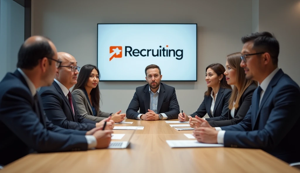 Show a table full of CEOs in a recruiting company, with a logo in the background. Photo Realistic