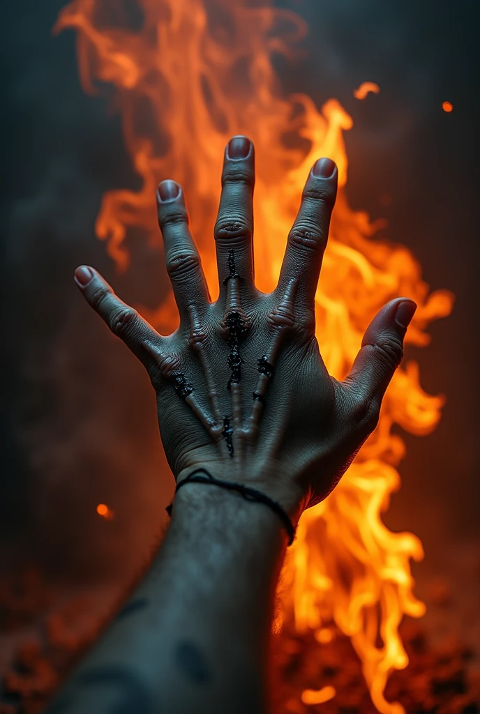 A vertical image of a burning hand covered in scars