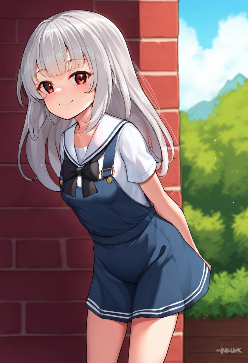 score_9, score_7_up,  source anime   kzk, silver hair, long hair, red eyes, small breasts, shirt, white sailor collar,  blue pinafore dress, short sleeves, black bowtie,  standing, arms behind back, looking at viewer, leaning forward, outdoors, smile,