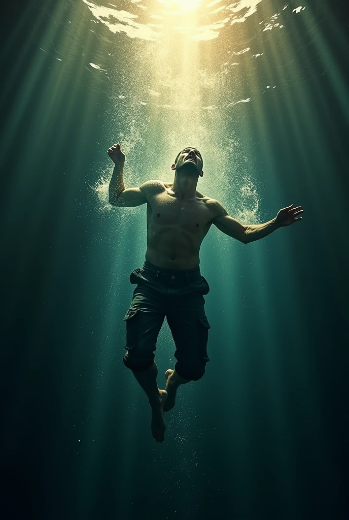 A man in casual clothes swims upwards in desperation as he struggles to reach the surface. His movements are frenetic, His expression reflects anguish, Deep shadows envelop his figure, contrasting with flashes of light filtering in from above, creating a game of disturbing chiaroscuros. Dark blue and deep green tones dominate the scene., with silver reflections and bubbles that add dynamism, as rays of light bathe the water in a soft golden glow, intensifying the sense of struggle and urgency.