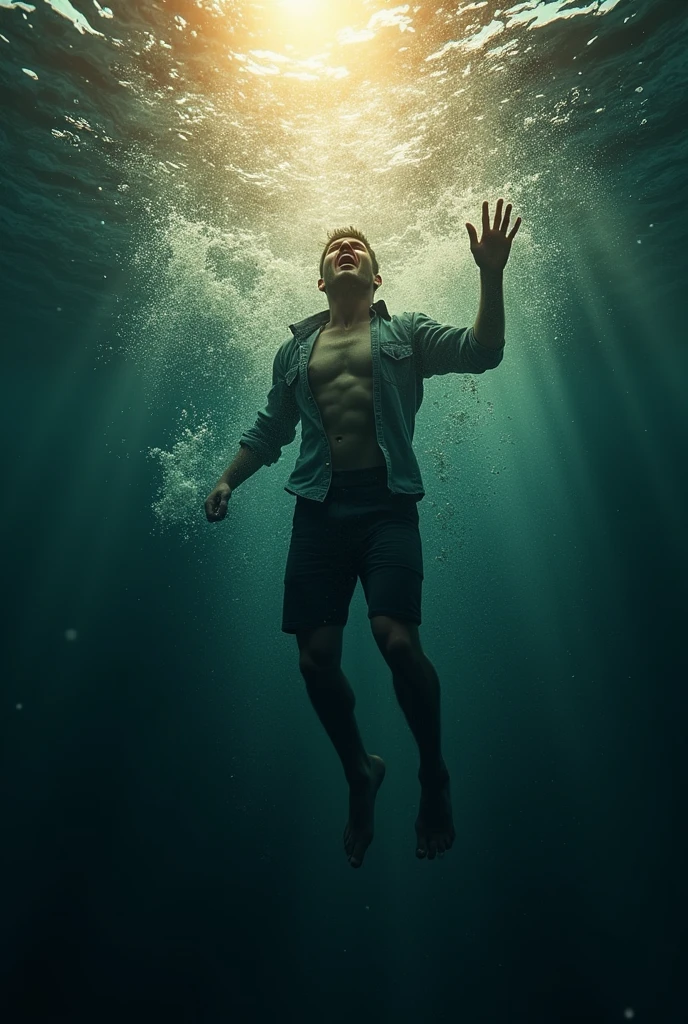 A man in casual clothes swims upwards in desperation as he struggles to reach the surface. His movements are frenetic, His expression reflects anguish, Deep shadows envelop his figure, contrasting with flashes of light filtering in from above, creating a game of disturbing chiaroscuros. Dark blue and deep green tones dominate the scene., with silver reflections and bubbles that add dynamism, as rays of light bathe the water in a soft golden glow, intensifying the sense of struggle and urgency.