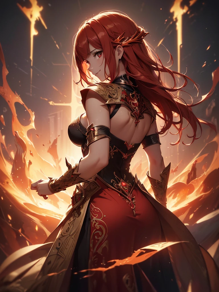 (((best quality, sharp image, clear image, cinematic lighting, 8k resolution, masterpiece, ultra detailed, intricate))) Girl, sorcerer, cute, intricate dress, smiling, fiery red, ((intricate background)), (rune frame), dimension, ((shot from behind)), fire sigils, chaotic background.