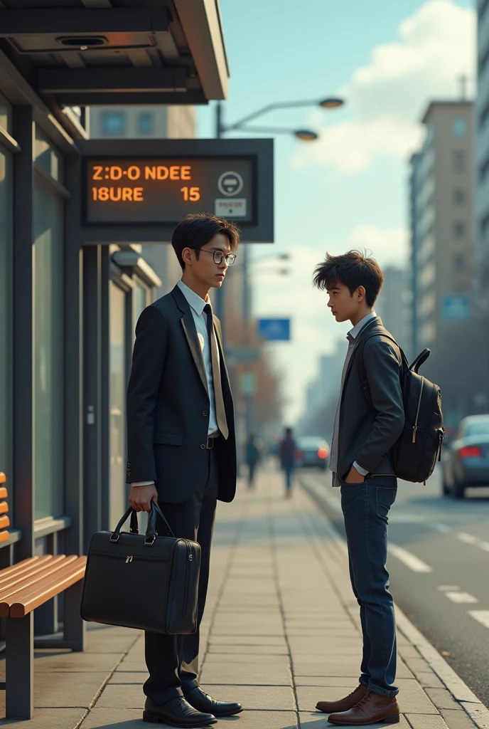 adult office worker and young male student at bus stop