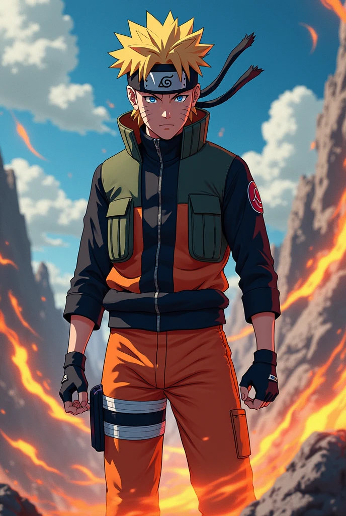 Japanese anime naruto style male character in black and orange outfit with beautiful effects in 4k