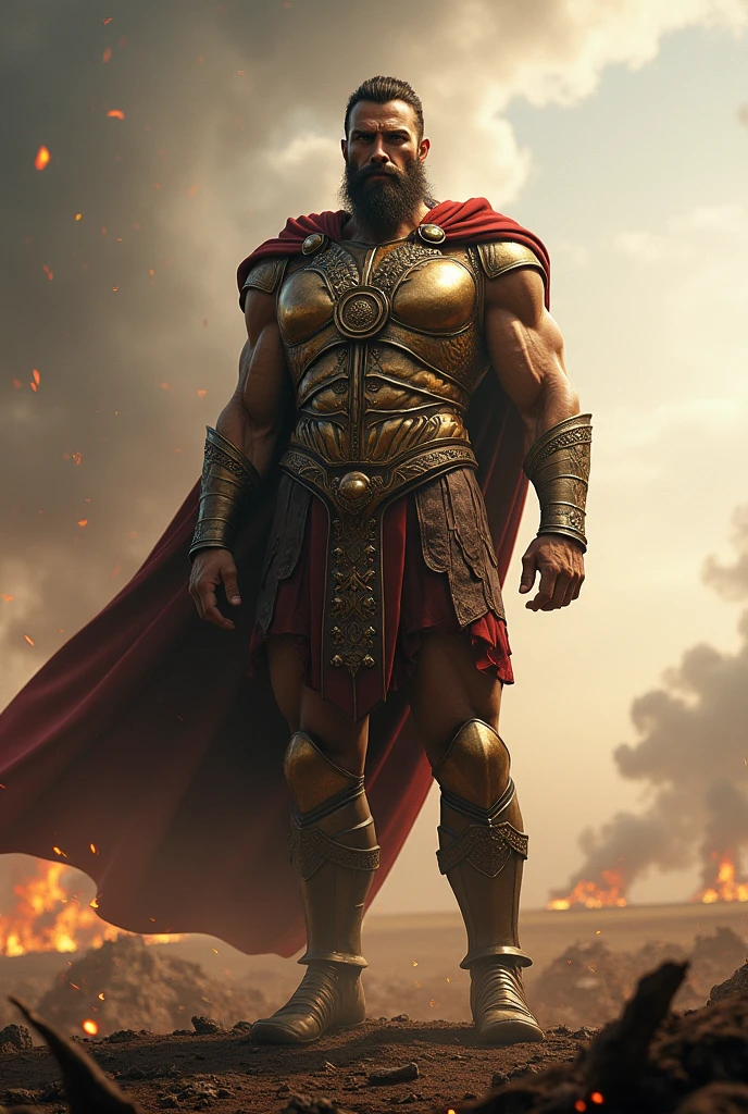 Ares the god of war, looking towards the horizon, ON A BATTLEFIELD