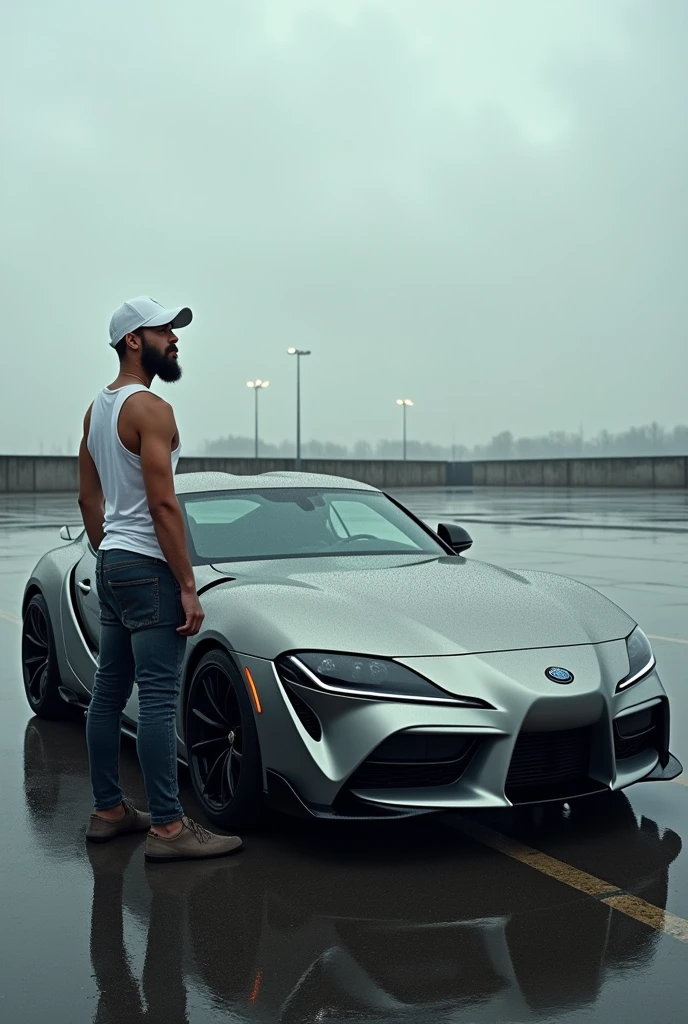 A man wearing white cap and white tank top is giving a pose with a sports car. It's a parking lot, rainy day, wide shot.