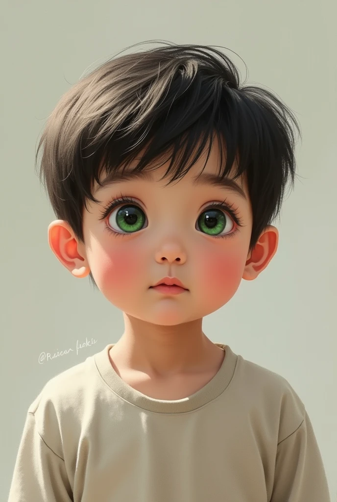 Young boy of 2 , Muslim, with green eyes, by rubrio, body as the korean beauty standard, marked