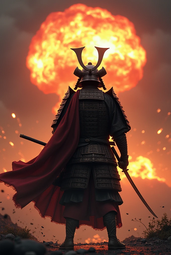 Japanese samurai, full set, standing with his back turned, the background is a realistic nuclear bomb, high resolution image.