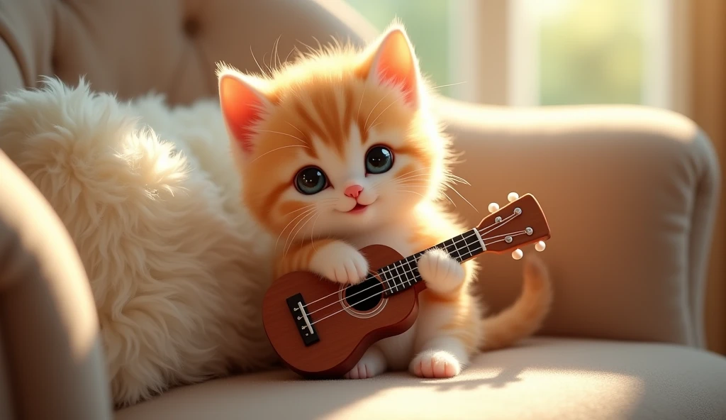 there is a kitten, aww, cute and adorable, catminiature kitten, cute and lovely, cute cats, smiling, beautiful and cute, incredibly cute, adorable and cute, aww, ultra realistic!!!, ultra realistic picture, kittens, cute and cuddly, adorably cute, beautiful and realistic, play ukulele, cute adorable.