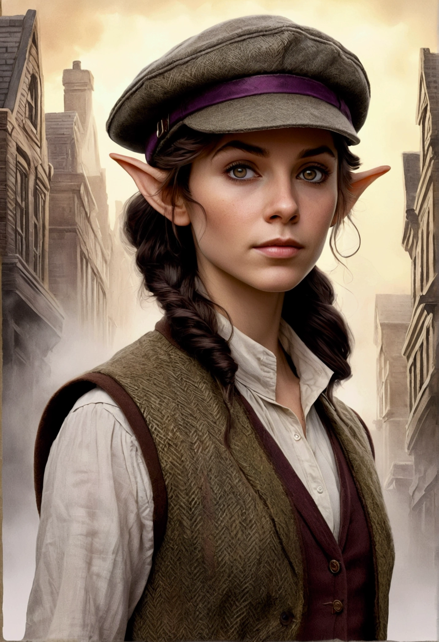 An illustrated movie poster, hand-drawn, full color, an elven maiden, wearing a tweed vest and a newsie cap, tall, toned, amazonian stature, athletic hourglass figure, long pointy elf ears, Amethyst eyes, dark hair, shaggy bob cut, deep sun-tanned skintone, freckles, standing on a foggy Victorian-era street corner, graphite shading, stencil marks, airbrushed acrylic paint, masterpiece, in the style of Sherlock Holmes, elf ears