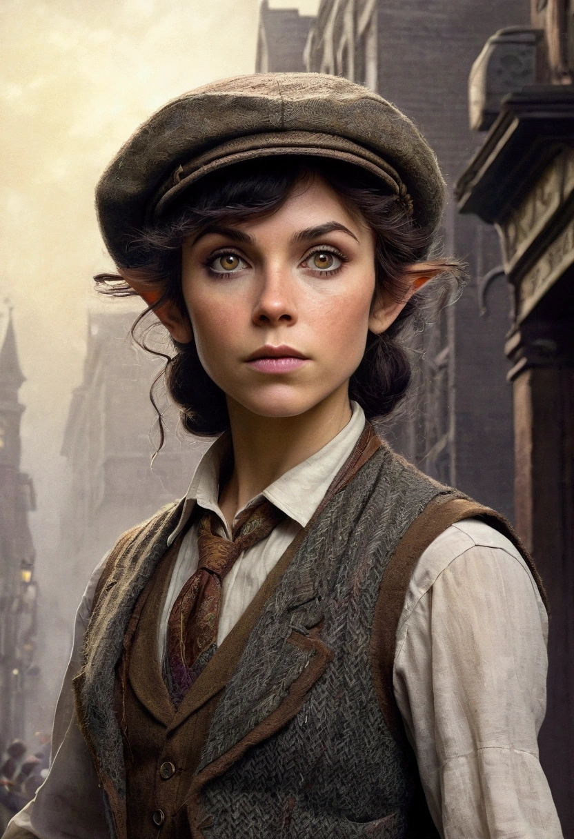 An illustrated movie poster, hand-drawn, full color, an elven maiden, wearing a tweed vest and a newsie cap, tall, toned, amazonian stature, athletic hourglass figure, long pointy elf ears, Amethyst eyes, dark hair, shaggy bob cut, deep sun-tanned skintone, freckles, standing on a foggy Victorian-era street corner, graphite shading, stencil marks, airbrushed acrylic paint, masterpiece, in the style of Sherlock Holmes, elf ears