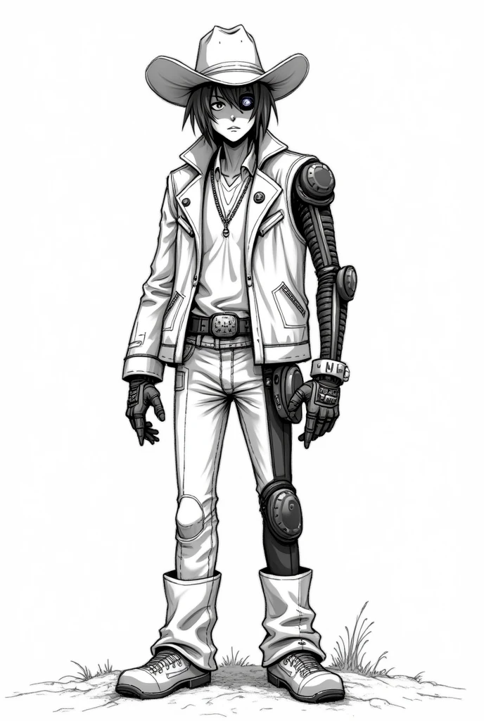Create a Black and white sketch of a half
cyborg cowboy. No backgrounds. Just the character itself. Not ultra realistic. Anime style. Simple drawing. No shadows or Shading.