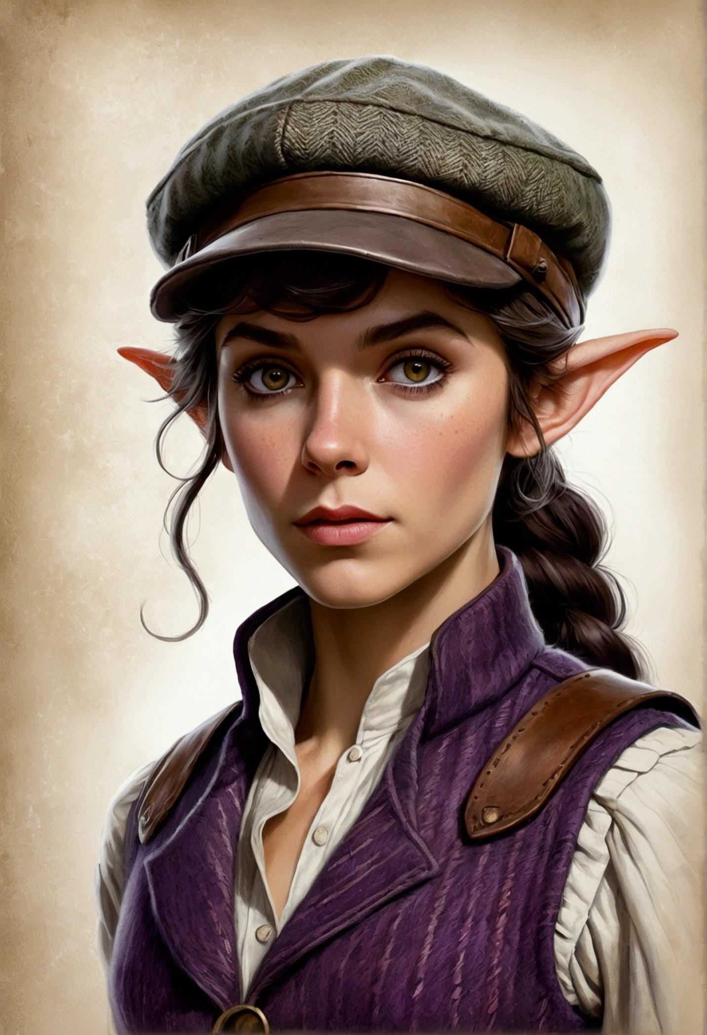 An illustrated movie poster, hand-drawn, full color, an elven maiden, wearing a tweed vest and a newsie cap, tall, toned, amazonian stature, athletic hourglass figure, long pointy elf ears, Amethyst eyes, dark hair, shaggy bob cut, deep sun-tanned skintone, freckles, standing on a foggy Victorian-era street corner, graphite shading, stencil marks, airbrushed acrylic paint, masterpiece, in the style of Sherlock Holmes, elf ears