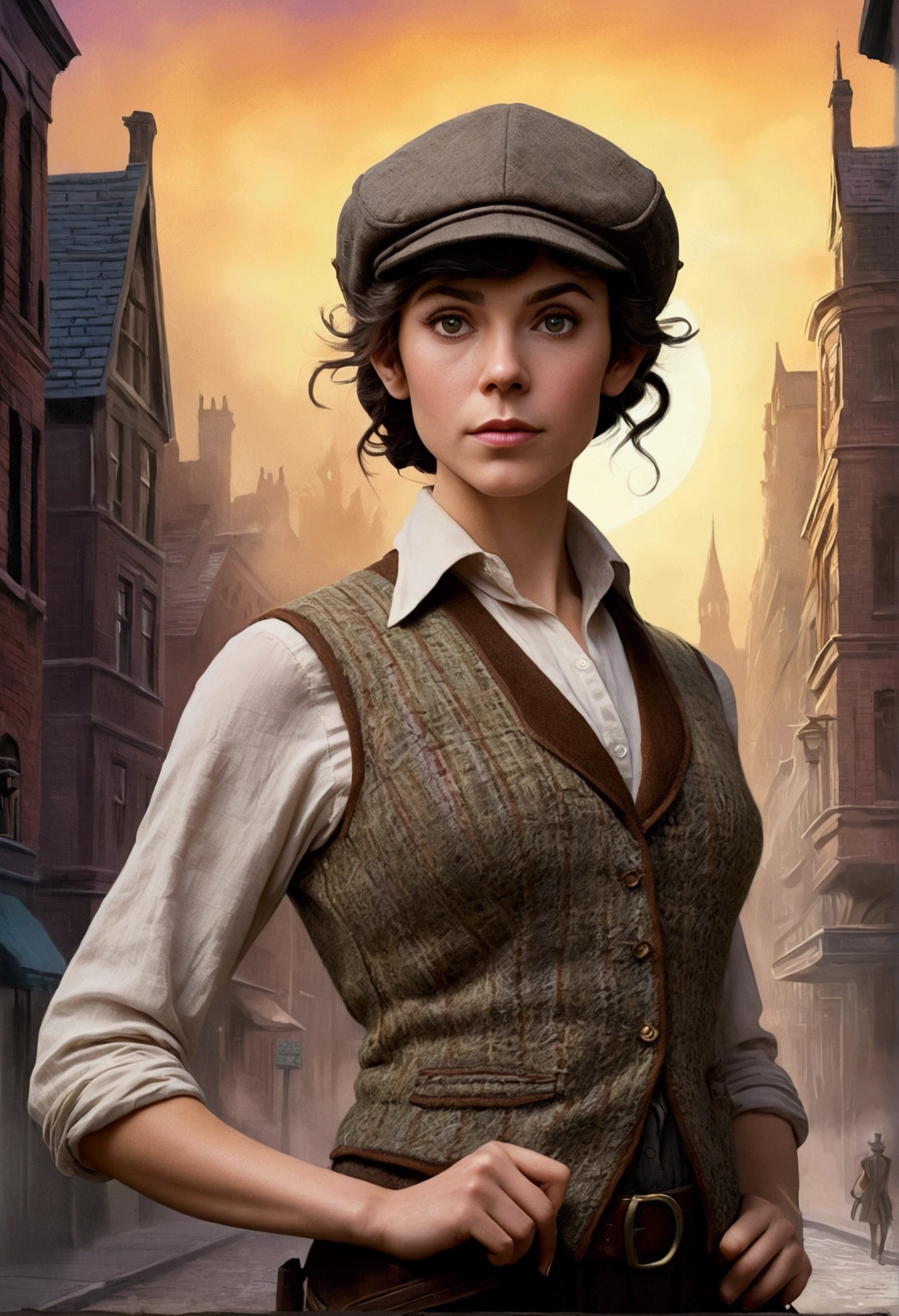 An illustrated movie poster, hand-drawn, full color, an elven maiden, wearing a tweed vest and a newsie cap, tall, toned, amazonian stature, athletic hourglass figure, long pointy elf ears, Amethyst eyes, dark hair, shaggy bob cut, deep sun-tanned skintone, freckles, standing on a foggy Victorian-era street corner, graphite shading, stencil marks, airbrushed acrylic paint, masterpiece, in the style of Sherlock Holmes, elf ears
