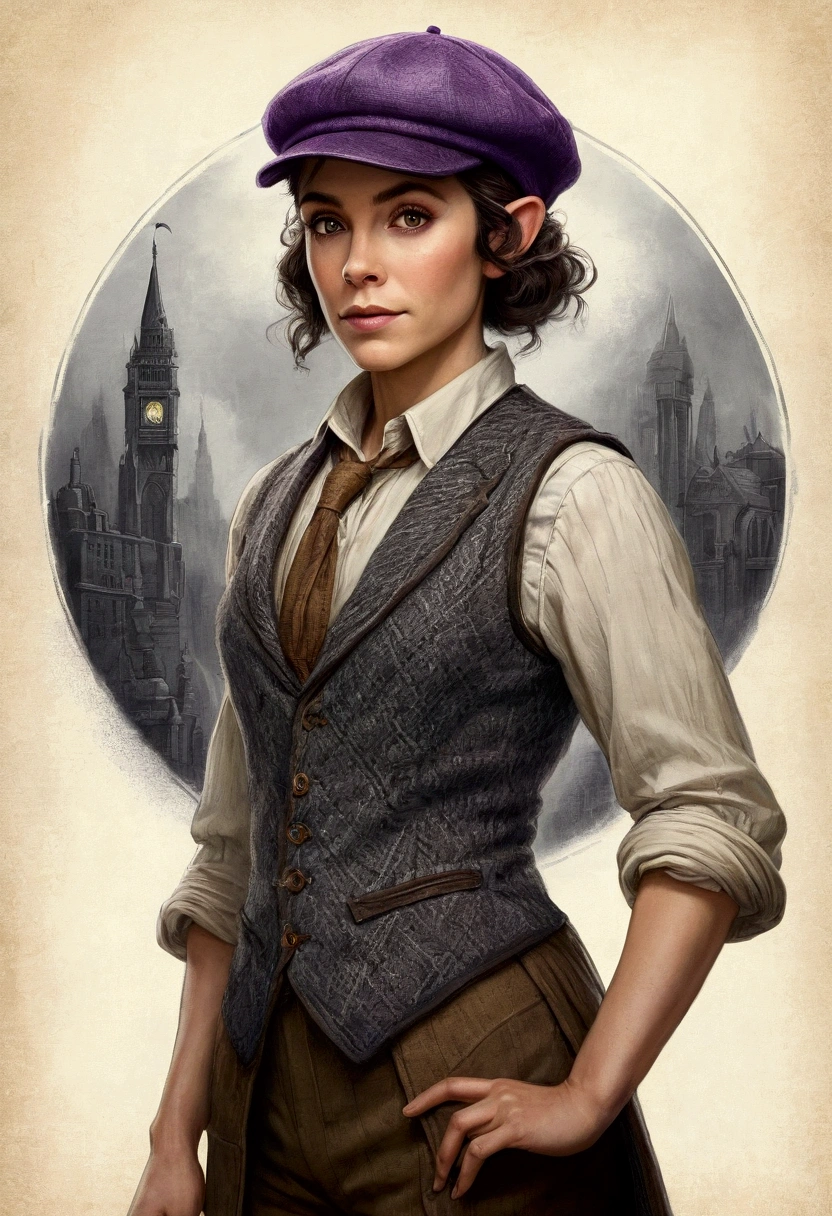 An illustrated movie poster, hand-drawn, full color, an elven maiden, wearing a tweed vest and a newsie cap, tall, toned, amazonian stature, athletic hourglass figure, long pointy elf ears, Amethyst eyes, dark hair, shaggy bob cut, deep sun-tanned skintone, freckles, standing on a foggy Victorian-era street corner, graphite shading, stencil marks, airbrushed acrylic paint, masterpiece, in the style of Sherlock Holmes, elf ears