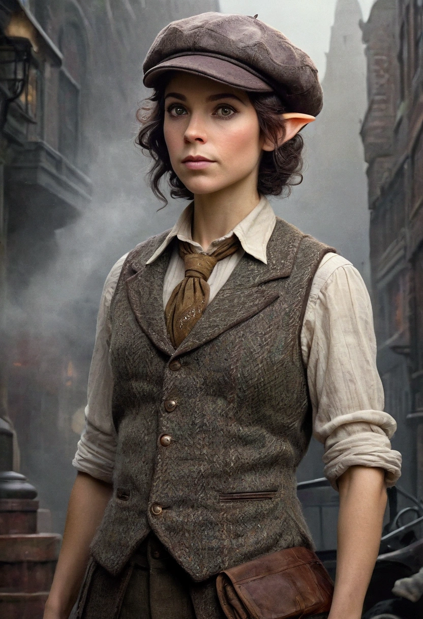 An illustrated movie poster, hand-drawn, full color, an elven maiden, wearing a tweed vest and a newsie cap, tall, toned, amazonian stature, athletic hourglass figure, long pointy elf ears, Amethyst eyes, dark hair, shaggy bob cut, deep sun-tanned skintone, freckles, standing on a foggy Victorian-era street corner, graphite shading, stencil marks, airbrushed acrylic paint, masterpiece, in the style of Sherlock Holmes, elf ears