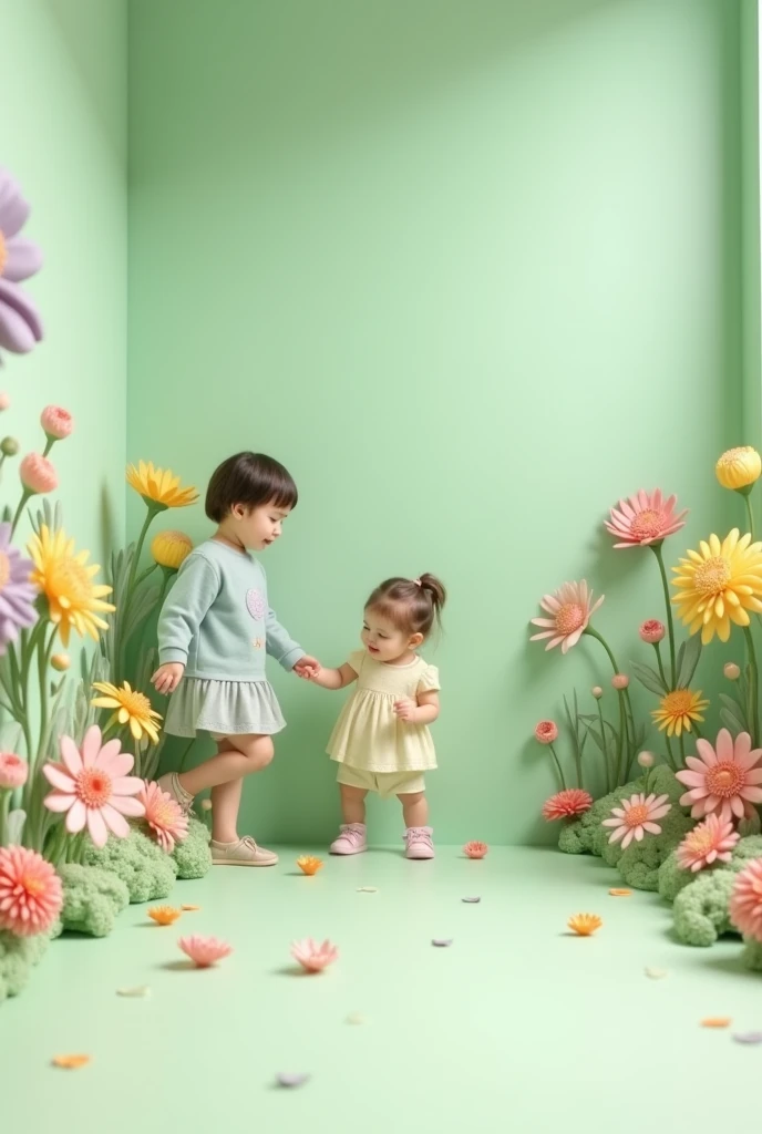 I want to create a photo scenario.  Closed location with photo backdrop for a children&#39;s clothing campaign. light green wall, very soft  color with a small fake garden. Flowers on the wall and 3D on the floor. Tudo em tons candy color, yellowish, lilac, green and pink. The floor matching the wall color. Nice garden setting where children could walk around Cartoon flowers, in plaster Much lighter and more subtle colors
