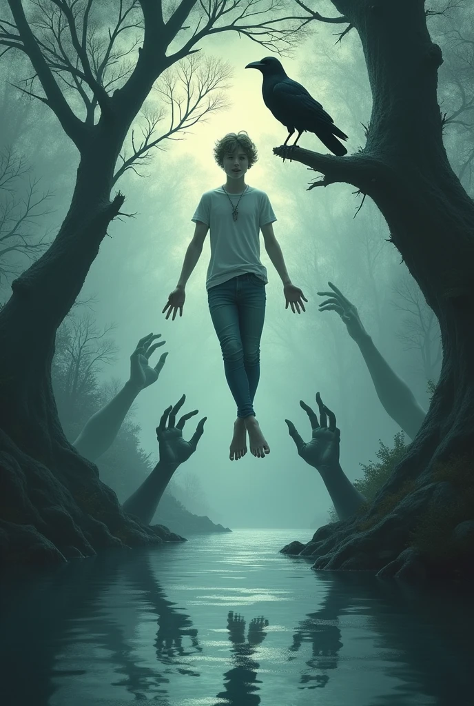 A mysterious river with hands holding a young man's legs and a crow on a tree branch