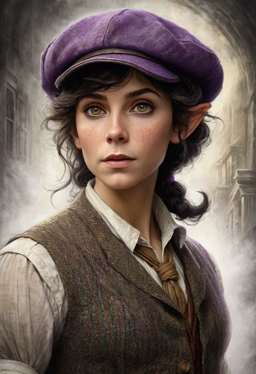 An illustrated movie poster, hand-drawn, full color, an elven maiden, wearing a tweed vest and a newsie cap, tall, toned, amazonian stature, athletic hourglass figure, long pointy elf ears, Amethyst eyes, dark hair, shaggy bob cut, deep sun-tanned skintone, freckles, standing on a foggy Victorian-era street corner, graphite shading, stencil marks, airbrushed acrylic paint, masterpiece, in the style of Sherlock Holmes, elf ears