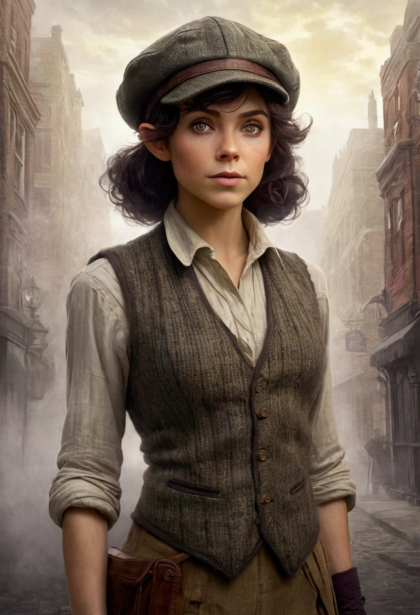An illustrated movie poster, hand-drawn, full color, an elven maiden, wearing a tweed vest and a newsie cap, tall, toned, amazonian stature, athletic hourglass figure, long pointy elf ears, Amethyst eyes, dark hair, shaggy bob cut, deep sun-tanned skintone, freckles, standing on a foggy Victorian-era street corner, graphite shading, stencil marks, airbrushed acrylic paint, masterpiece, in the style of Sherlock Holmes, elf ears