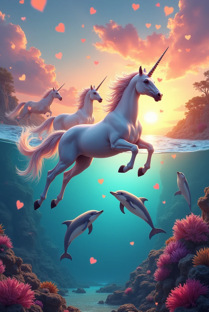 Unicorns with dolphins and corals and happy hearts with many colors in a sunset above the water the unicorns and dolphins jumping above the water and also the dolphins jumping