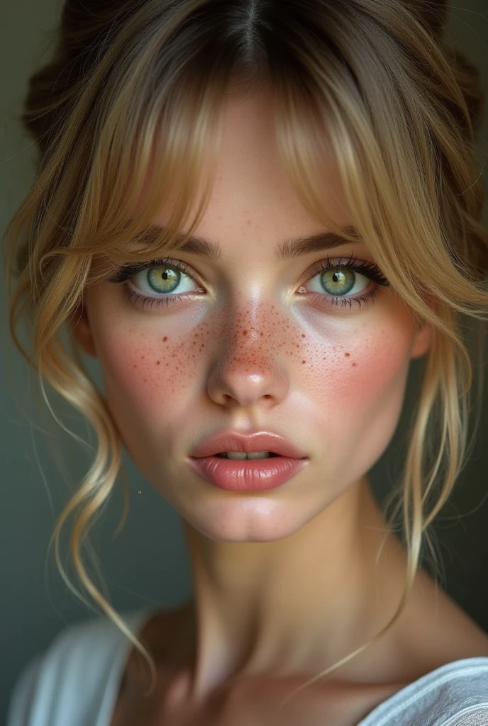 Realistic image of a fair-skinned woman, shorth hair, straight and dark blonde, big green eyes and sparks. delicate features, blushed face, some freckles, rosy lips. sexy without being vulgar.