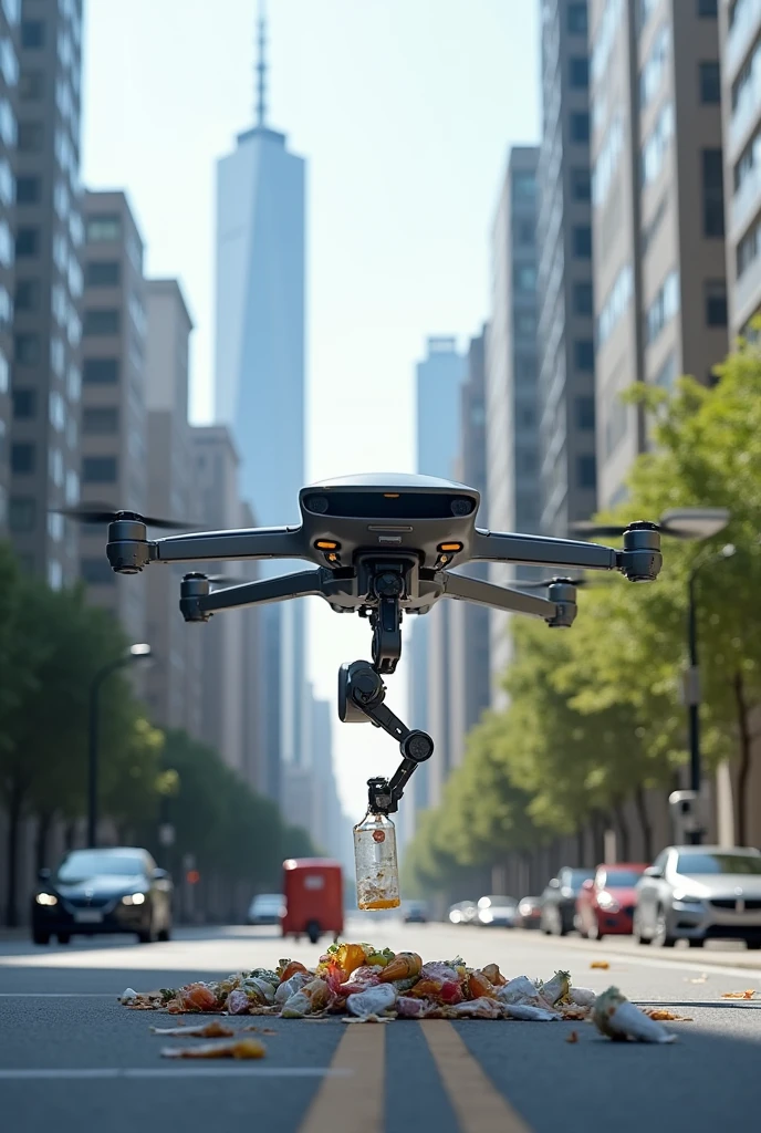 Make a drone pick up trash from the streets with a robot hand