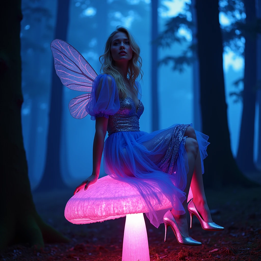 A fair-skinned blonde woman in a shimmering blue gown, puffed sleeves and silver high heels, perches on a luminescent pink-purple mushroom, its glow lighting her from below in a soft box light style. She has delicate, translucent wings like a fairy. The scene is set in a dark, atmospheric forest with tall trees and mist, illuminated by neon lights - pink and blue, creating a Gödel-like Tron-meets-Narnia digital glitch art aesthetic, with high-contrast color grading and noticeable film grain. The woman's expression is one of wonder and slight trepidation, her eyes reflecting the dazzling colors around her.