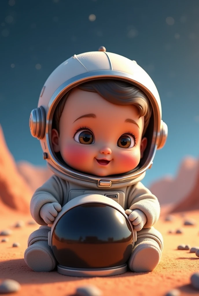 Create baby astronaut sitting with helmet under arm brown eyes pixar style