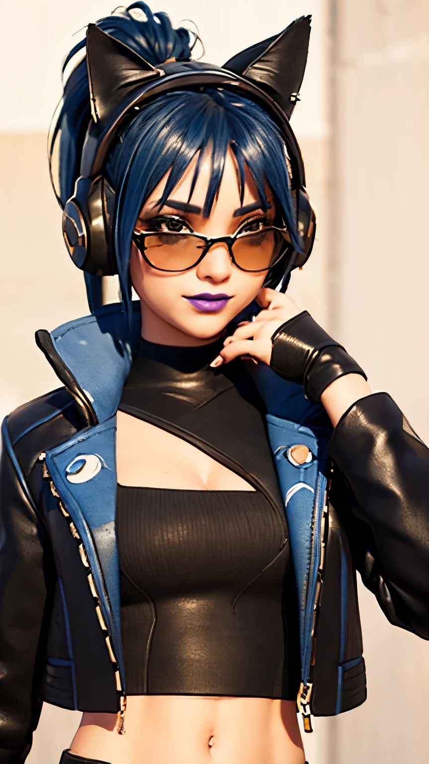 City background, 1girl, solo, HeroicHopeFN, Heroic Hope from fortnite, (crop top, black top, open clothes), (jacket crop top, black jacket, blue loose, jacket loose), fingerless gloves, black pants, blue belt, blue hair, ponytail, blue eyes, headphones, cat ears headphones, holster, aviator sunglasses, looking over glasses, holster spray cans, purple lips, lipsticks, smirk, upper body, looking at viewer,