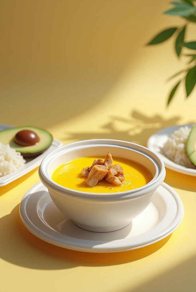 (photorealism:1.2), improve image deep white styrofoam bowl with yellow soup with only a small portion of cooked but not browned chicken on top of the soup , Next to it a separate styrofoam plate with rice and a portion of avocado. There are two separate plates, one with the soup and the other with the rice and the piece of avocado.