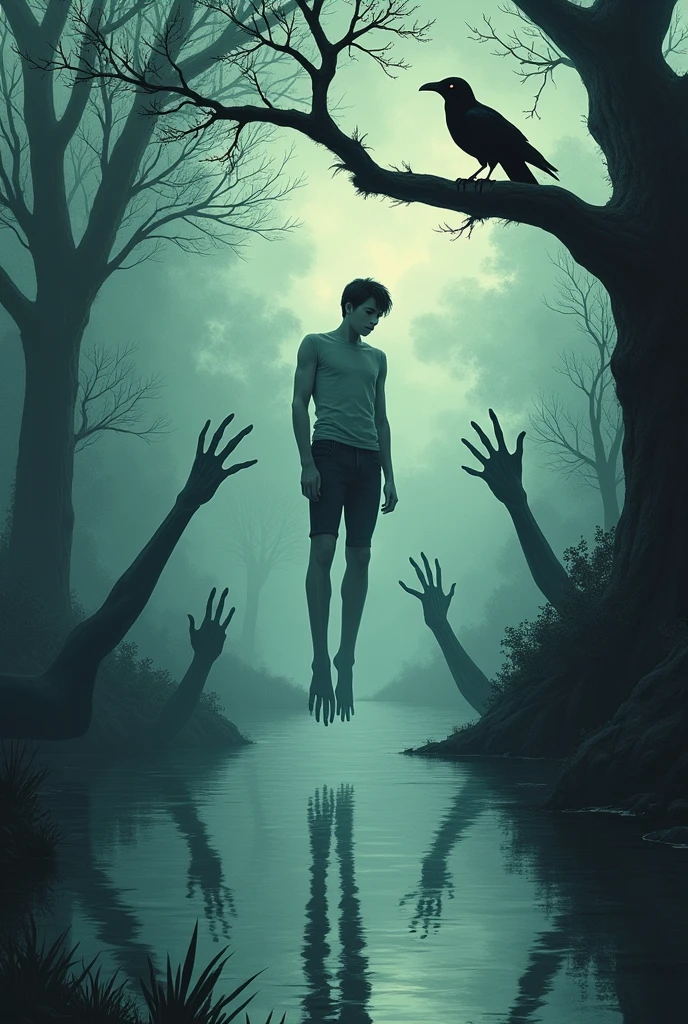 A mysterious river with hands holding a young man's legs and a crow on a tree branch