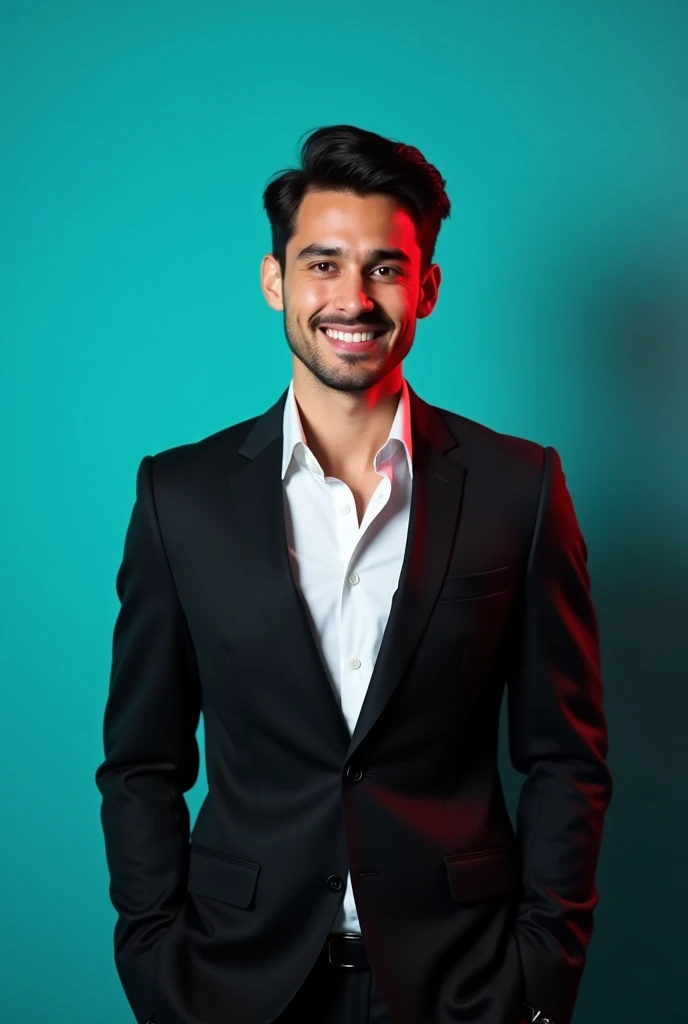 A young Man With Dark hair and a confident smile He is Dressed in a black blazer over a white shirt The man is positioned against aqua colour backdrop with a subtle red lighting on t