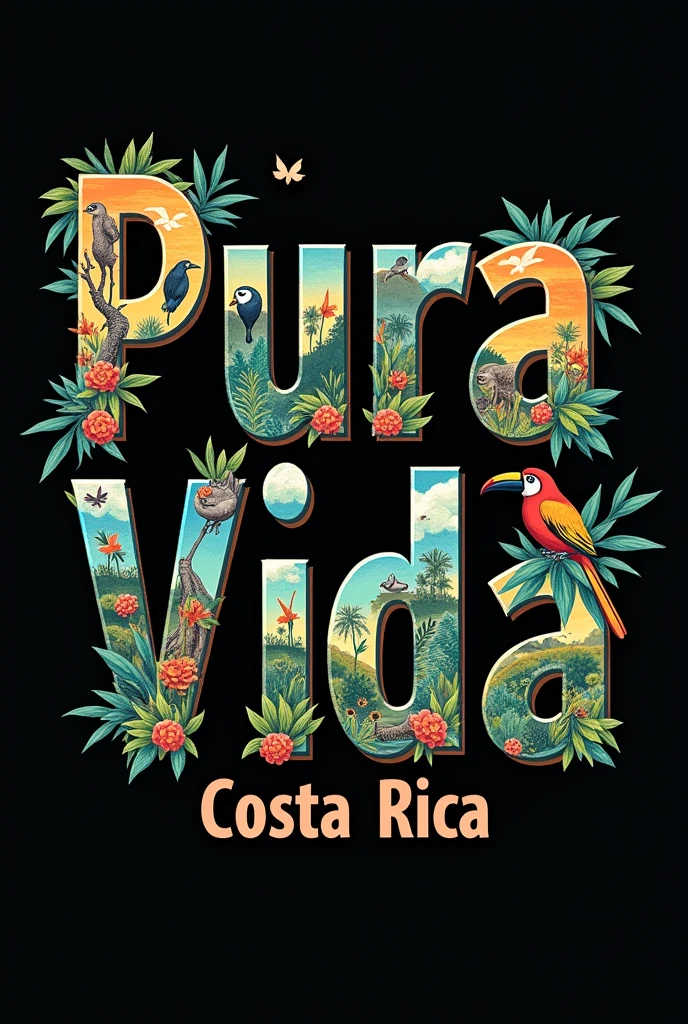 Image to print a shirt that says PURA VIDA but the background of the letter is representative animals of Costa Rica and below in a thinner and smaller letter that says Costa Rica( Landscapes and animals must be within the letters that say pure life, They cannot protrude or go beyond the edges of the letters and they have to be real.)
And I need the background of the image to be black real animals