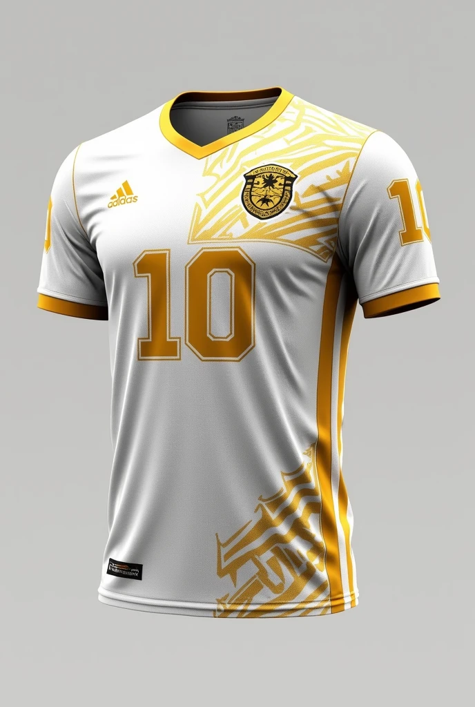 Crie um mockup de uma camiseta esportiva comemorativa em celebração aos 10-year-old of existence da Atlética. A camiseta deve ser predominantemente branca com detalhes In gold.
Specifications:
background color: White with a stylized pattern that evokes a modern sporty design.
Right Side of Chest: Include a number (For example, "10") In gold, in a bold, sporty font.
Left side of the chest: Place a golden coat of arms that symbolizes "" of existence. The coat of arms must be detailed, incorporating celebratory and sporting elements.
Additional Detail: Adicione detalhes In gold ao longo das mangas ou nas laterais para complementar o design e ressaltar a temática comemorativa.