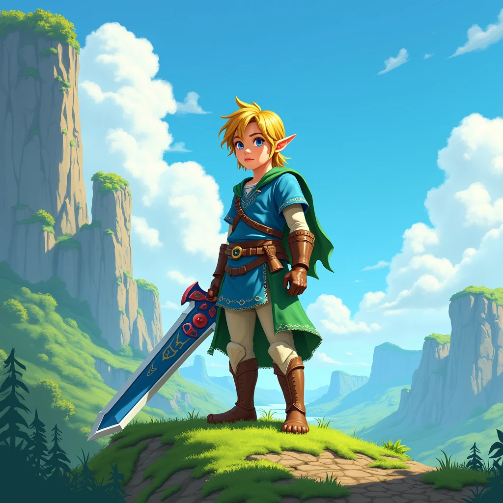 Fantasy-style digital illustration, featuring a young character Zelda Link with fair skin and blonde hair, standing on a grassy, ​​moss-covered hill. The character is dressed in medieval-style armor and clothing, holding a large, ornate sword with a blue blade and red details. The background shows a vibrant, lush landscape with towering cliffs and a bright blue sky filled with fluffy white clouds. The overall color palette is bright, with a strong emphasis on greens and blues, creating a sense of adventure and exploration .4K, anatomically correct, masterpiece, high details, award winning, high quality, super detail, best quality, 8k