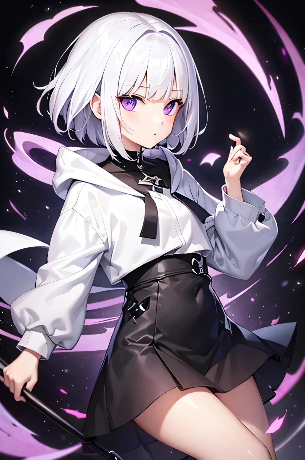 White hair, short hairstyle, purple eyes, beautiful girl, hair、Two black diamond-shaped flat accessories on each side White hoodie