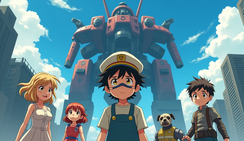 Affiche de titre de style animé japonais avec au premier plan un jeune garçon inquiet aux cheveux bruns bouclés et aux yeux jaunes habillé comme un gentleman loyal avec une casquette d'amiral et un masque couvrant la moitié gauche de son visage , autour de lui une femme belle blond au habit de mécanicienne qui sourit, une jeune fille rousse en robe inquiète et un garçon au bras robotique au regard déterminé, un chient robot, derrière tout ça un grand plan du énorme monstre terrifiant fait de pièces de train méchant, un fond d’un ville post apocalyptique futuriste