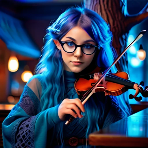 psychedelic work of art,absurd resolution,8k,1 halfling mysterious girl,hair blue,freckles,Celtic clothing,glad,beautiful hands,at the bar,violin, tree, adventurous, exploring with cute capybara
dark glasses
