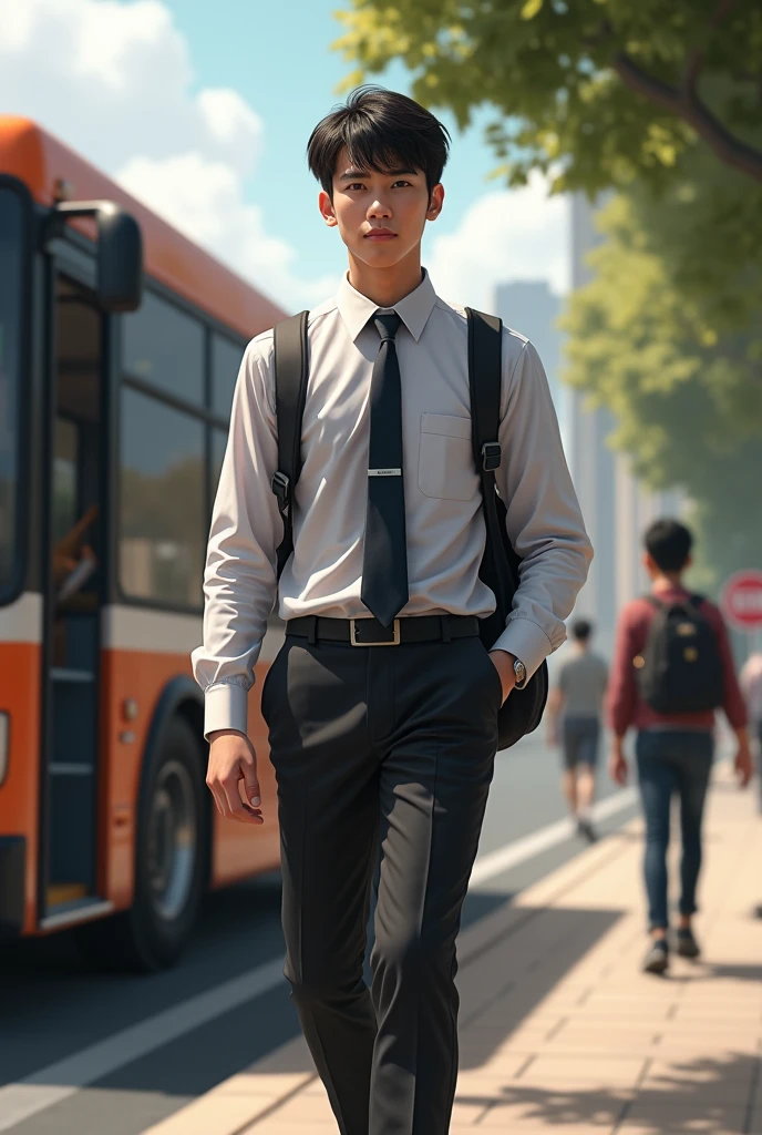 young formal male student gets off the bus